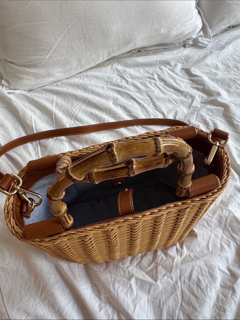 J. McLaughlin Wicker Rattan Handbag with Bamboo Handles - Picture 2 of 6